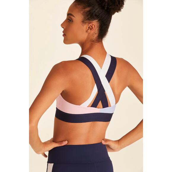 ALANA Eclipse Sports Bra Blue Pink High Impact Crossback Logo Scoop Neck Size XS - Picture 1 of 9